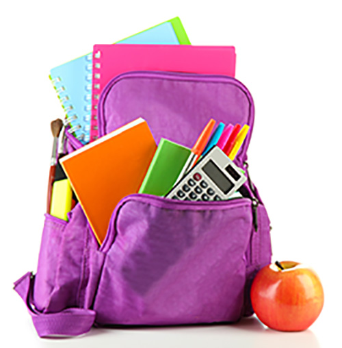 Child's backpack with school supplies.
